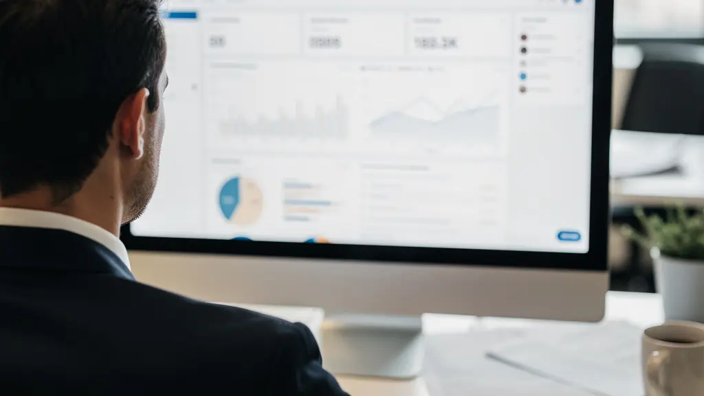 Professionnel analysant des données SEO sur un grand écran de bureau