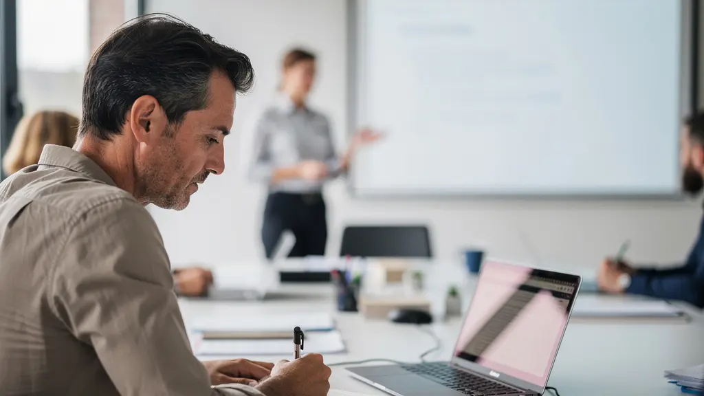 Apprenant en formation SEO concentré sur son écran dans une salle de cours lumineuse